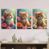 3pcs Charming Cat Trio Vibrant Floral Background Wall Art Set Canvas Framed 40x60cm - High Quality Print 100% Australian Made Wall Canvas Ready to Hang