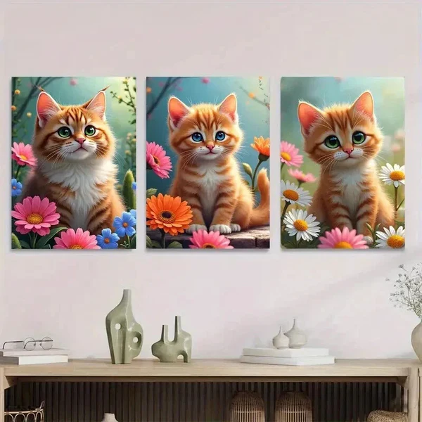 3pcs Charming Cat Trio Vibrant Floral Background Wall Art Set Canvas Framed 40x60cm – High Quality Print 100% Australian Made Wall Canvas Ready to Hang