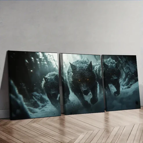 3pcs Fierce Wolf pack Charging Wall Art Set Canvas Framed 40x60cm – High Quality Print 100% Australian Made Wall Canvas Ready to Hang