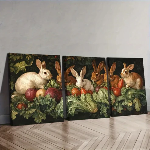 3pcs Classic Modern Rabbit Farm Wall Art Set Canvas Framed 40x60cm – High Quality Print 100% Australian Made Wall Canvas Ready to Hang