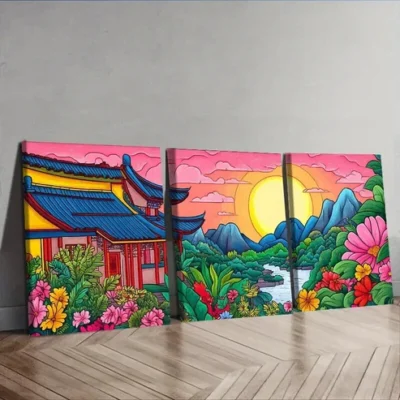 3pcs Colorful ancient Chinese buildings Wall Art Set Canvas Framed 50x70cm - High Quality Print 100% Australian Made Wall Canvas Ready to Hang