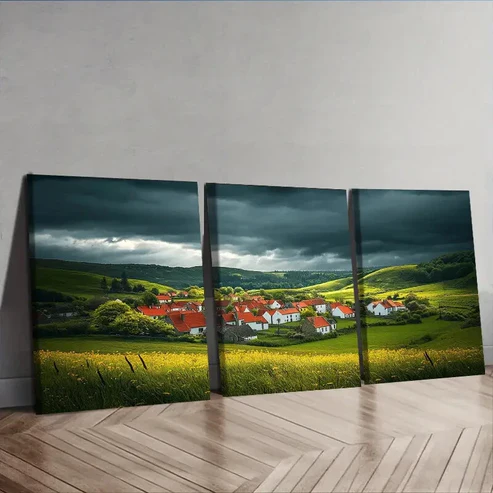 3pcs A little village with red roofs Wall Art Set Canvas Framed 40x60cm – High Quality Print 100% Australian Made Wall Canvas Ready to Hang