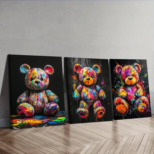 3pcs Colorful teddy bear graffiti Painting Wall Art Set Canvas Framed 40x60cm – High Quality Print 100% Australian Made Wall Canvas Ready to Hang