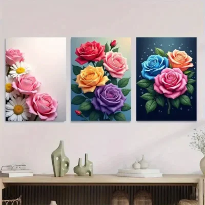 3pcs Colorful Rose and Daisy Beautiful Floral Wall Art Set Canvas Framed 50x70cm - High Quality Print 100% Australian Made Wall Canvas Ready to Hang
