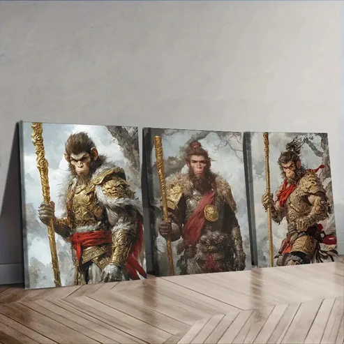 3pcs The Monkey King Mythology Theme Wall Art Set Canvas Framed 40x60cm – High Quality Print 100% Australian Made Wall Canvas Ready to Hang