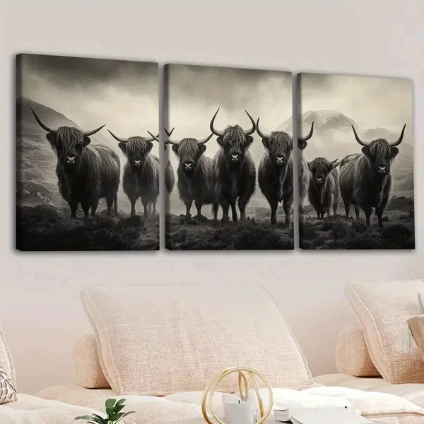 3pcs Animal Highland Cattle Gray White Cool Yaks Wall Art Set Canvas Framed 50x70cm – High Quality Print 100% Australian Made Wall Canvas Ready to Hang