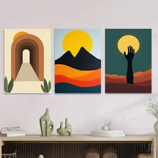 3pcs Geometric Landscape Vibrant Sunset & Mount Wall Art Set Canvas Framed 50x70cm – High Quality Print 100% Australian Made Wall Canvas Ready to Hang