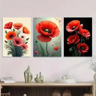 3pcs Vibrant Red Poppy Flower Red Wall Art Set Canvas Framed 40x60cm - High Quality Print 100% Australian Made Wall Canvas Ready to Hang
