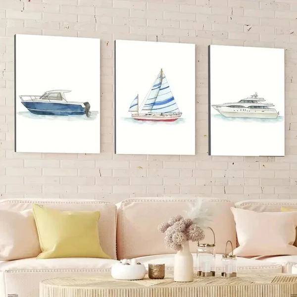 3pcs Ship Transportation Bars Designs Blue White Wall Art Set Canvas Framed 50x70cm – High Quality Print 100% Australian Made Wall Canvas Ready to Hang