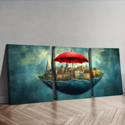 3pcs City view under a red umbrella Wall Art Set Canvas Framed 40x60cm - High Quality Print 100% Australian Made Wall Canvas Ready to Hang
