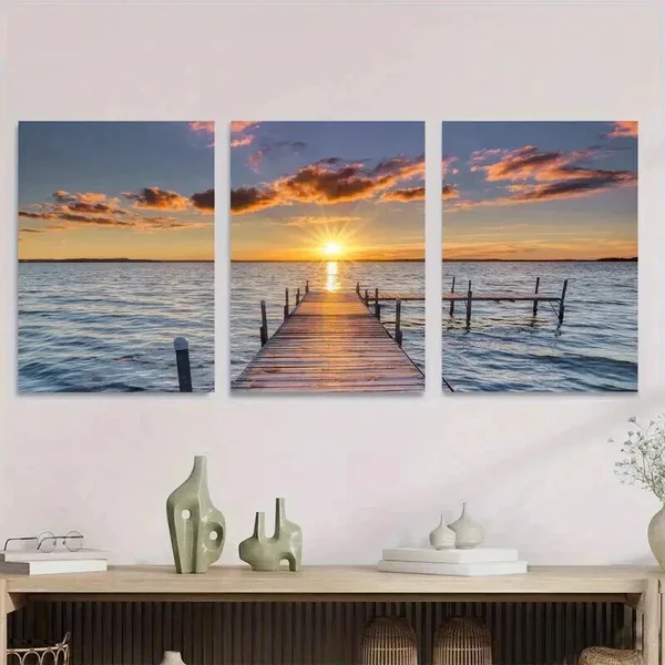 3pcs Sunset Dock Paintings Sky Wall Art Set Canvas Framed 50x70cm – High Quality Print 100% Australian Made Wall Canvas Ready to Hang