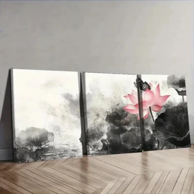 3pcs Pink for Lotus Flower Trio Wall Art Set Canvas Framed 50x70cm - High Quality Print 100% Australian Made Wall Canvas Ready to Hang