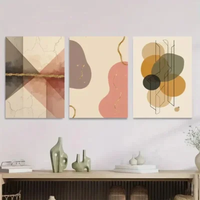 3pcs Modern Abstract Geometric Shapes & Golden Wall Art Set Canvas Framed 50x70cm - High Quality Print 100% Australian Made Wall Canvas Ready to Hang