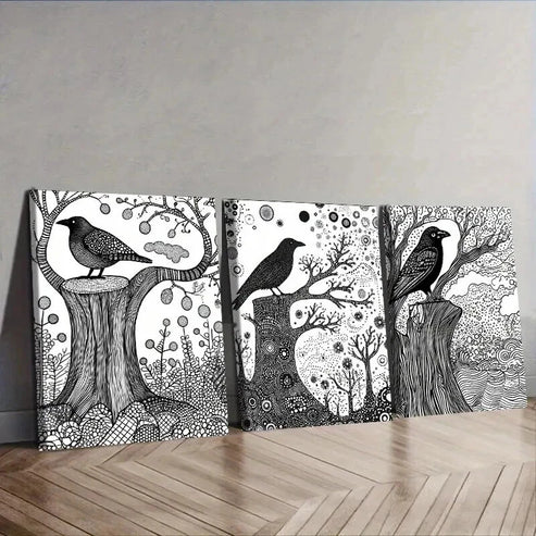 3pcs Black & White Nature Scene Intricate Tree Wall Art Set Canvas Framed 50x70cm – High Quality Print 100% Australian Made Wall Canvas Ready to Hang