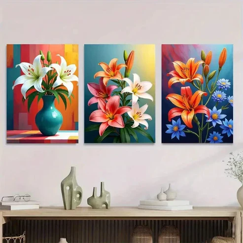 3pcs Vibrant Lily Flower Triptych Modern Classic Wall Art Set Canvas Framed 50x70cm – High Quality Print 100% Australian Made Wall Canvas Ready to Hang