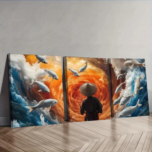 3pcs Fisherman, Koi Water Wall Art Set Canvas Framed 40x60cm – High Quality Print 100% Australian Made Wall Canvas Ready to Hang