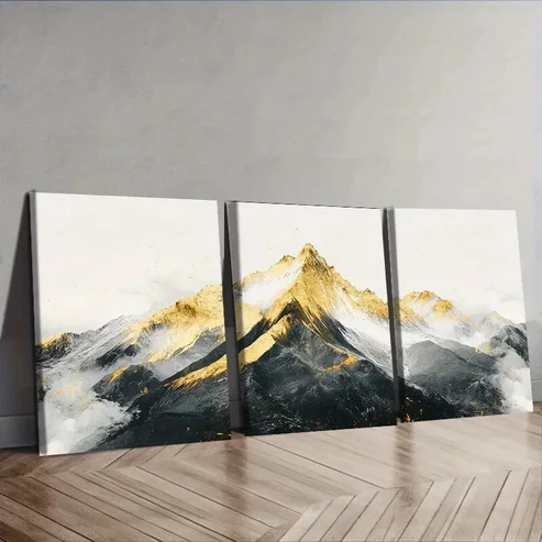 3pcs Golden and Silvery Mountains Painting Wall Art Set Canvas Framed 40x60cm – High Quality Print 100% Australian Made Wall Canvas Ready to Hang