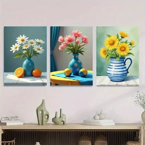 3pcs Beautiful Floral Vibrant Flowers & Fruits Wall Art Set Canvas Framed 50x70cm – High Quality Print 100% Australian Made Wall Canvas Ready to Hang