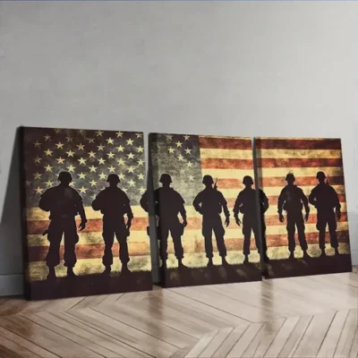 3pcs Soldiers in front of the American flag n Wall Art Set Canvas Framed 50x70cm - High Quality Print 100% Australian Made Wall Canvas Ready to Hang