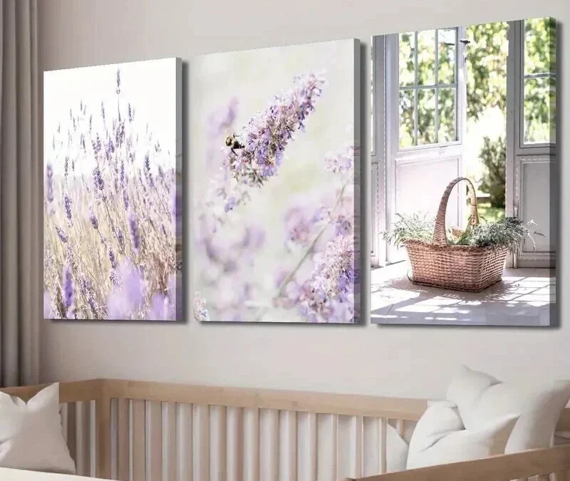 3pcs Lavender in Basket & Bee Decor Wall Art Set Canvas Framed 40x60cm – High Quality Print 100% Australian Made Wall Canvas Ready to Hang