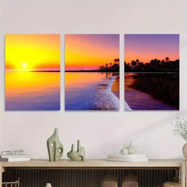 3pcs Beautiful Sunset Beach Ocean & Palm Tree Wall Art Set Canvas Framed 40x60cm – High Quality Print 100% Australian Made Wall Canvas Ready to Hang