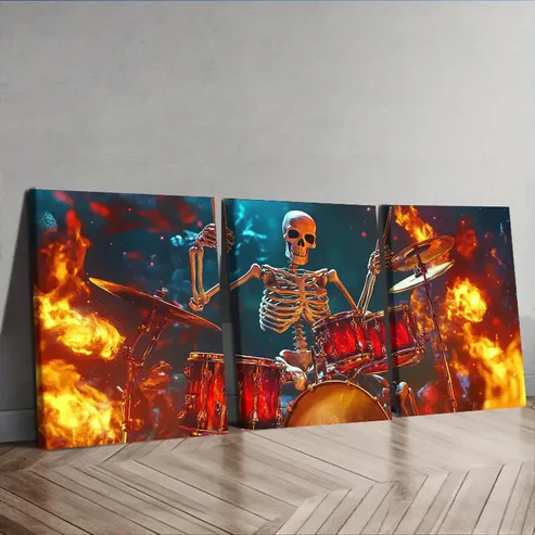 3pcs Skeleton Drummer Canvas Wall Art Set Canvas Framed 40x60cm – High Quality Print 100% Australian Made Wall Canvas Ready to Hang