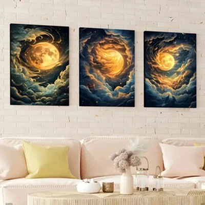 3pcs Night Sky Clouds Stunning Golden Moon Wall Art Set Canvas Framed 50x70cm - High Quality Print 100% Australian Made Wall Canvas Ready to Hang