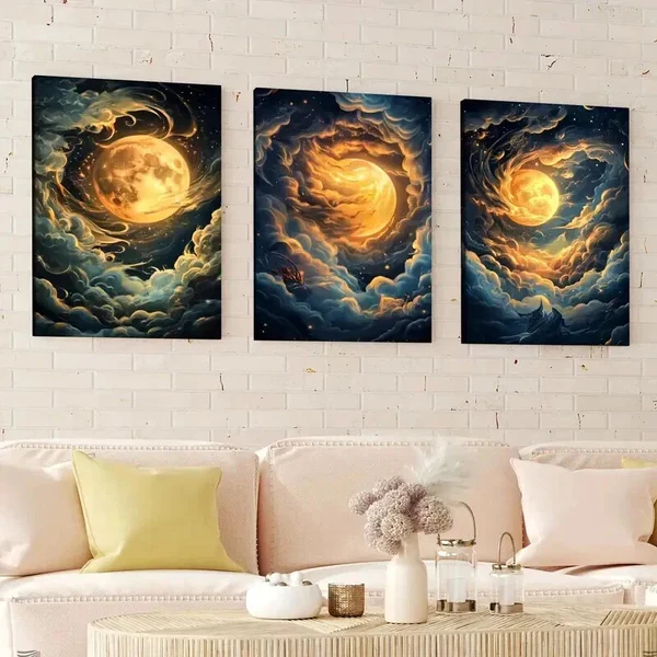 3pcs Night Sky Clouds Stunning Golden Moon Wall Art Set Canvas Framed 50x70cm – High Quality Print 100% Australian Made Wall Canvas Ready to Hang