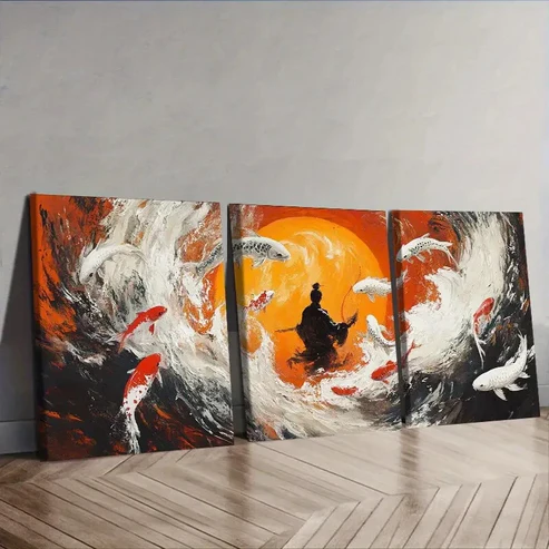 3pcs Fisherman, Koi Wall Art Set Canvas Framed 40x60cm – High Quality Print 100% Australian Made Wall Canvas Ready to Hang
