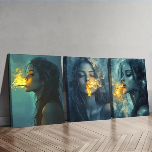 3pcs The woman puffed her smoke Wall Art Set Canvas Framed 50x70cm – High Quality Print 100% Australian Made Wall Canvas Ready to Hang