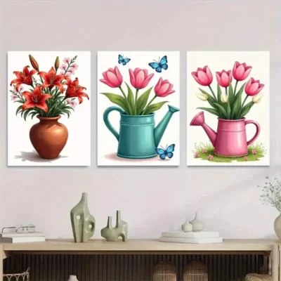 3pcs Vibrant Floral & Butterfly Red Lilies Wall Art Set Canvas Framed 50x70cm - High Quality Print 100% Australian Made Wall Canvas Ready to Hang