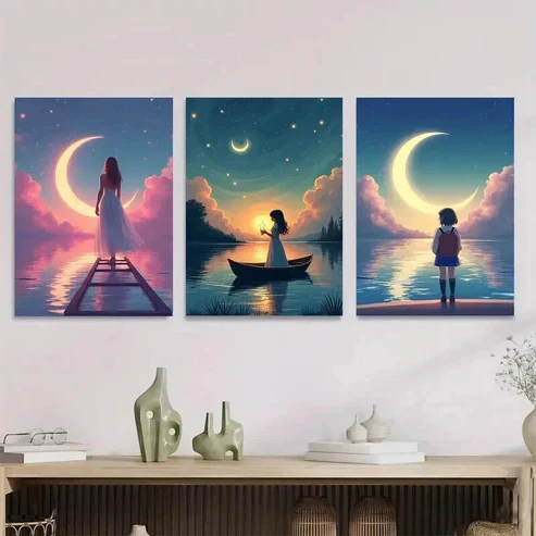 3pcs Moonlit Night Triptych Starry Sky Girl Wall Art Set Canvas Framed 50x70cm – High Quality Print 100% Australian Made Wall Canvas Ready to Hang