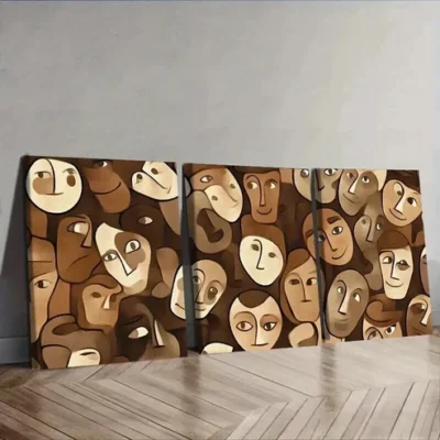 3pcs Modern Brown and Beige Faces Wall Art Set Canvas Framed 50x70cm - High Quality Print 100% Australian Made Wall Canvas Ready to Hang