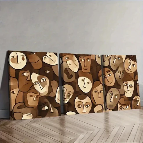 3pcs Modern Brown and Beige Faces Wall Art Set Canvas Framed 50x70cm – High Quality Print 100% Australian Made Wall Canvas Ready to Hang