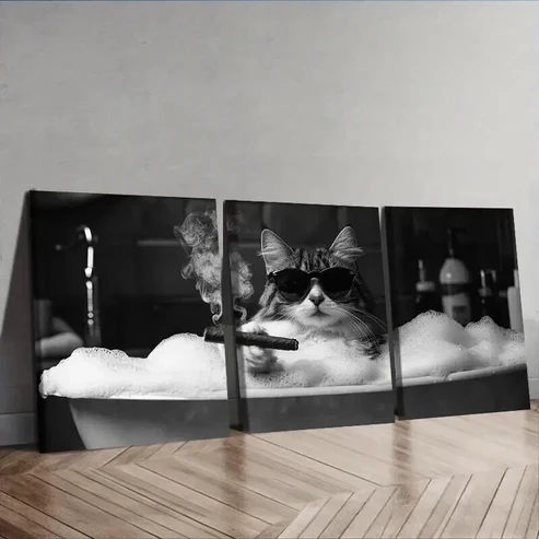 3pcs Gangster Brother Kitten Wall Art Set Canvas Framed 50x70cm – High Quality Print 100% Australian Made Wall Canvas Ready to Hang