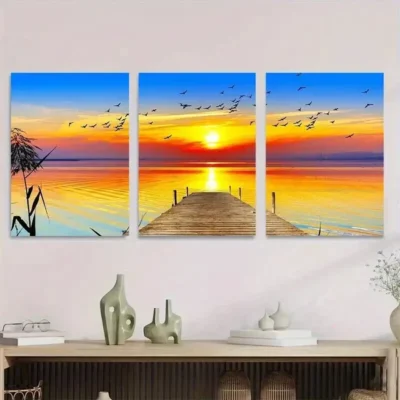 3pcs Sunset Dock Orange Yellow Blue Sunset Wall Art Set Canvas Framed 50x70cm - High Quality Print 100% Australian Made Wall Canvas Ready to Hang