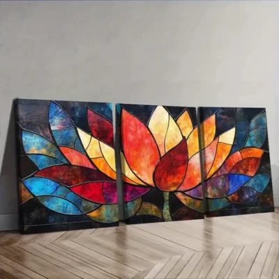 3pcs Painting Vibrant Stained Glass Lotus Flower Wall Art Set Canvas Framed 40x60cm - High Quality Print 100% Australian Made Wall Canvas Ready to Hang