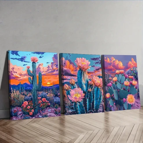 3pcs Surreal cactus Wall Art Set Canvas Framed 50x70cm – High Quality Print 100% Australian Made Wall Canvas Ready to Hang