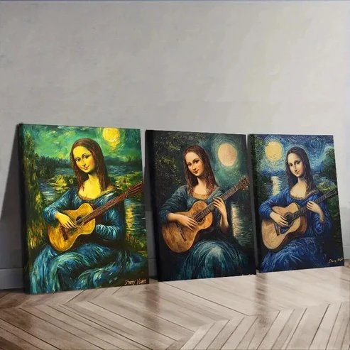 3pcs Mona Lisa Guitar Trio Wall Art Set Canvas Framed 50x70cm – High Quality Print 100% Australian Made Wall Canvas Ready to Hang