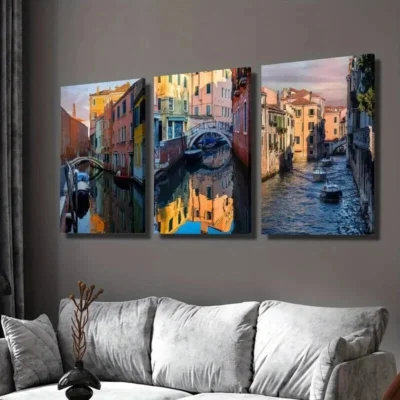 3pcs Vibrant Italian Buildings & Boats Wall Art Set Canvas Framed 40x60cm - High Quality Print 100% Australian Made Wall Canvas Ready to Hang