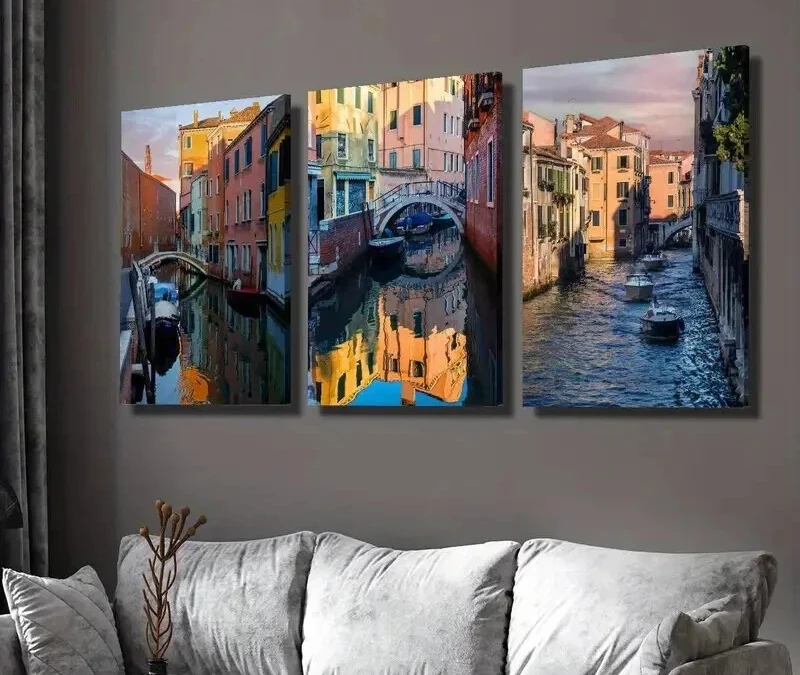 3pcs Vibrant Italian Buildings & Boats Wall Art Set Canvas Framed 40x60cm – High Quality Print 100% Australian Made Wall Canvas Ready to Hang