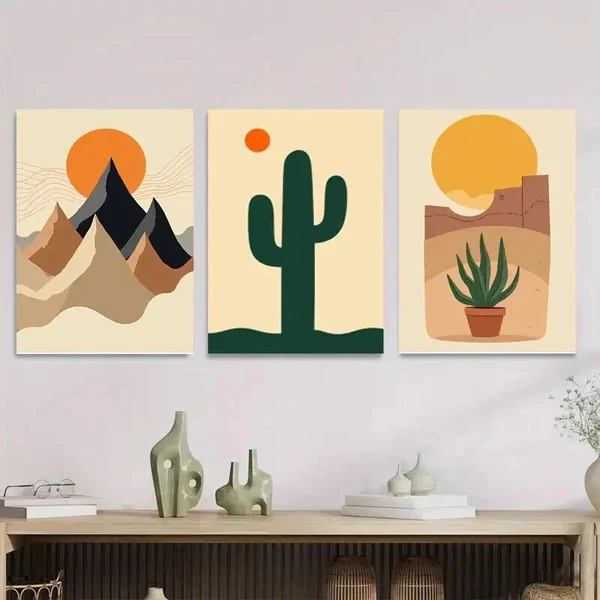 3pcs Modern Desert Landscape Abstract Cactus Wall Art Set Canvas Framed 50x70cm – High Quality Print 100% Australian Made Wall Canvas Ready to Hang