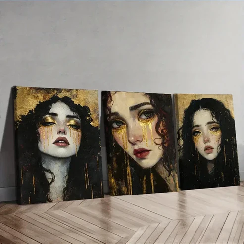 3pcs Modern Style, Girl in Tears Wall Art Set Canvas Framed 50x70cm – High Quality Print 100% Australian Made Wall Canvas Ready to Hang