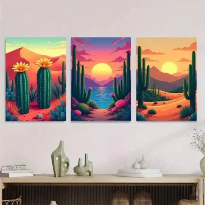 3pcs Vibrant Cactus Sunset Oasis Triptych Wall Art Set Canvas Framed 50x70cm - High Quality Print 100% Australian Made Wall Canvas Ready to Hang