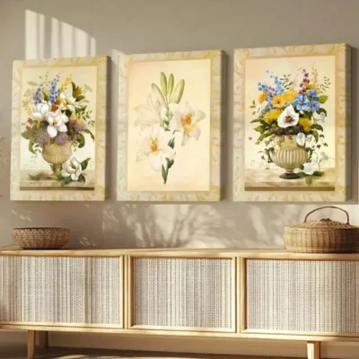 3pcs Beautiful Florals Modern Flower Vase White Wall Art Set Canvas Framed 50x70cm - High Quality Print 100% Australian Made Wall Canvas Ready to Hang