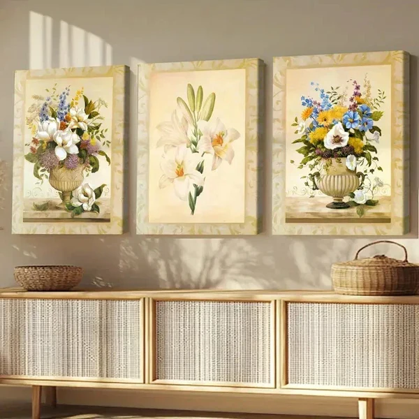 3pcs Beautiful Florals Modern Flower Vase White Wall Art Set Canvas Framed 50x70cm – High Quality Print 100% Australian Made Wall Canvas Ready to Hang