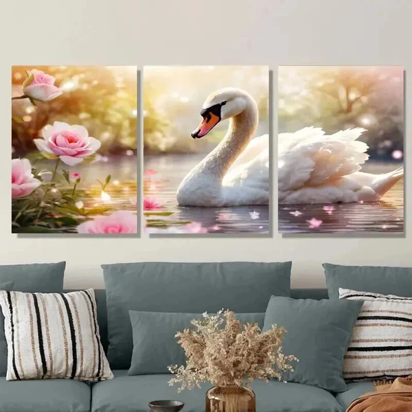 3pcs Pink Roses Waterfront Scene with Blooming Wall Art Set Canvas Framed 50x70cm- High Quality Print 100% Australian Made Wall Canvas Ready to Hang