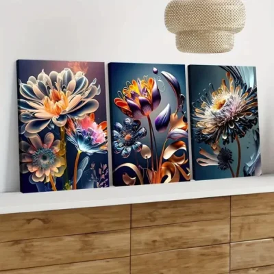 3pcs Modern Colourful Florals & Leaves Blue Gold Wall Art Set Canvas Framed 50x70cm - High Quality Print 100% Australian Made Wall Canvas Ready to Hang