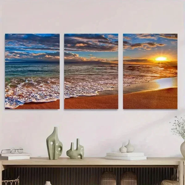 3pcs Beach Sunset Ocean with Sandy Shore Wall Art Set Canvas Framed 50x70cm – High Quality Print 100% Australian Made Wall Canvas Ready to Hang