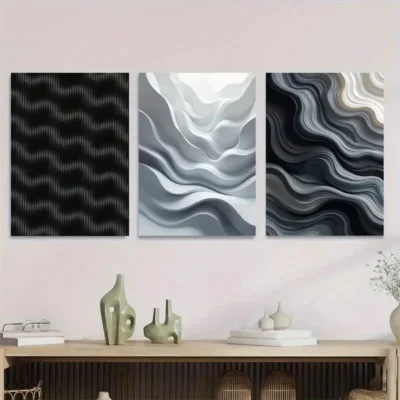 3pcs Modern Abstract Wave Art Black, White Wall Art Set Canvas Framed 50x70cm - High Quality Print 100% Australian Made Wall Canvas Ready to Hang